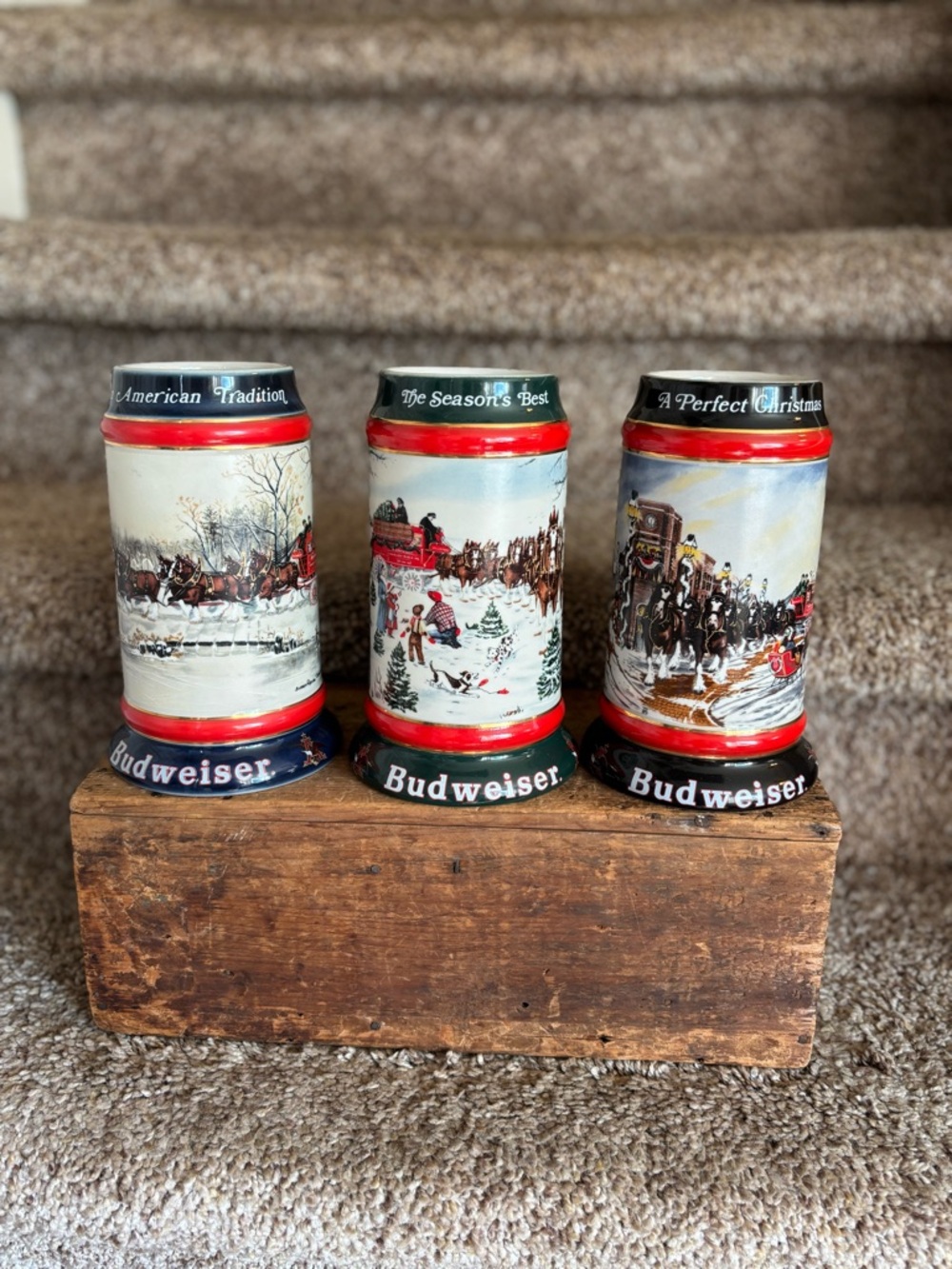 Budweiser Red, White and Green Holiday Ceramic Stein Trio
